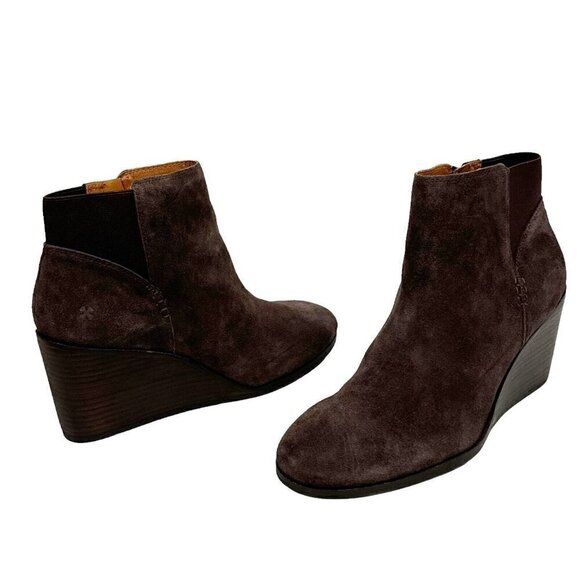Lucky Brand NWOB Zorlina Wedge Bootie 10M Suede + Textile Upper Brown Zipper - Picture 1 of 16